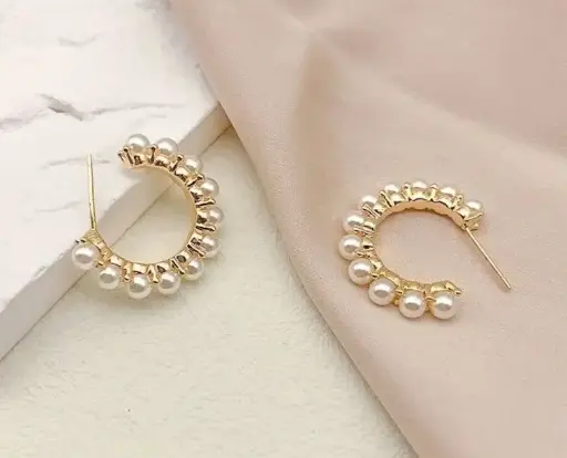 Gold plated beaded circular half loop earrings
